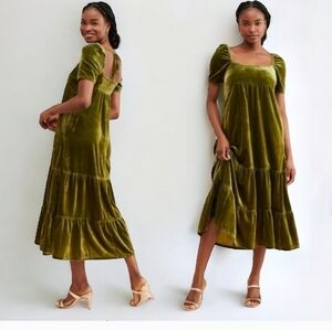 Anthropologie Somerset Velvet Green Tiered Elegant Olive‎ Green Velvet Dress